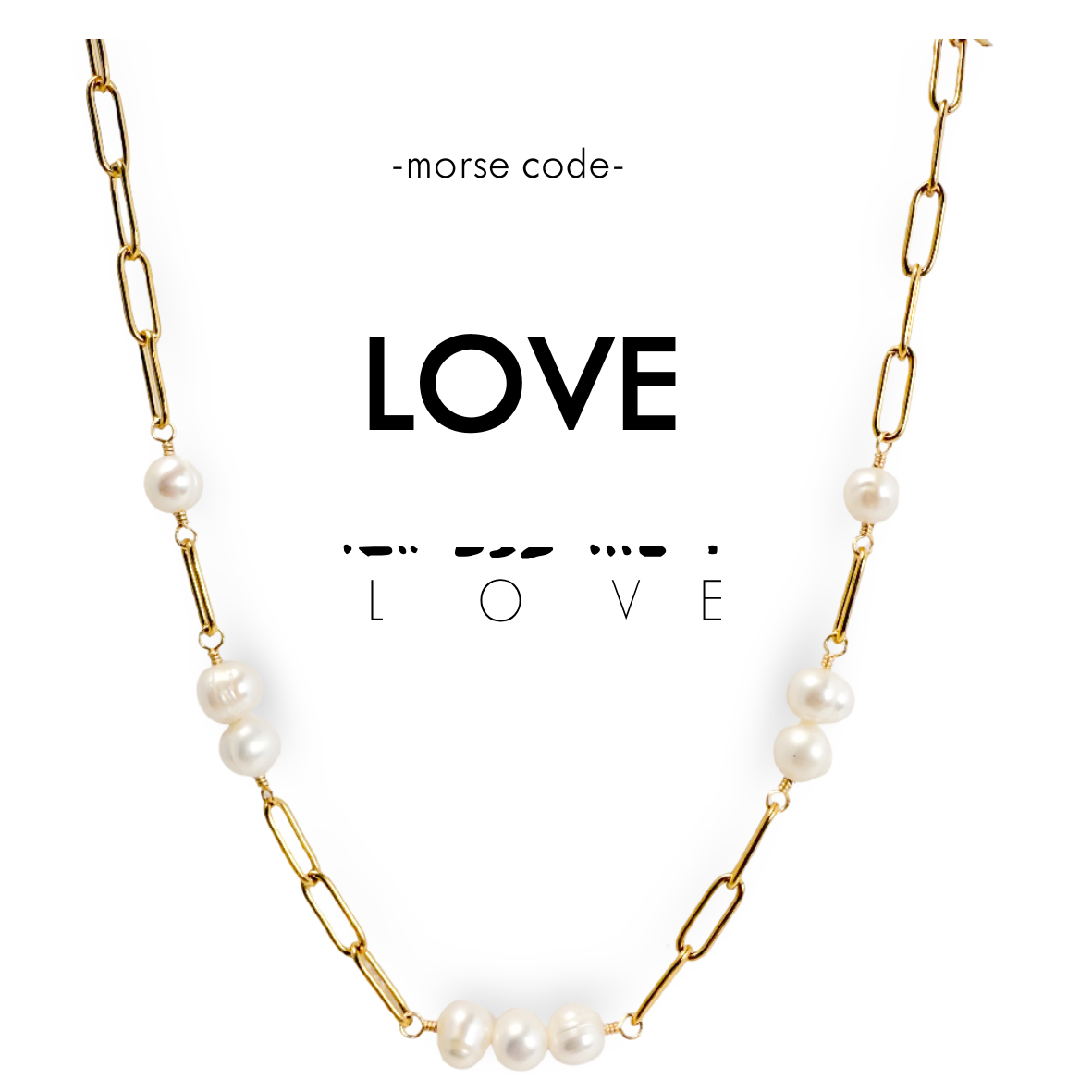 Gold chain necklace with pearls and 'LOVE' text on a white background
